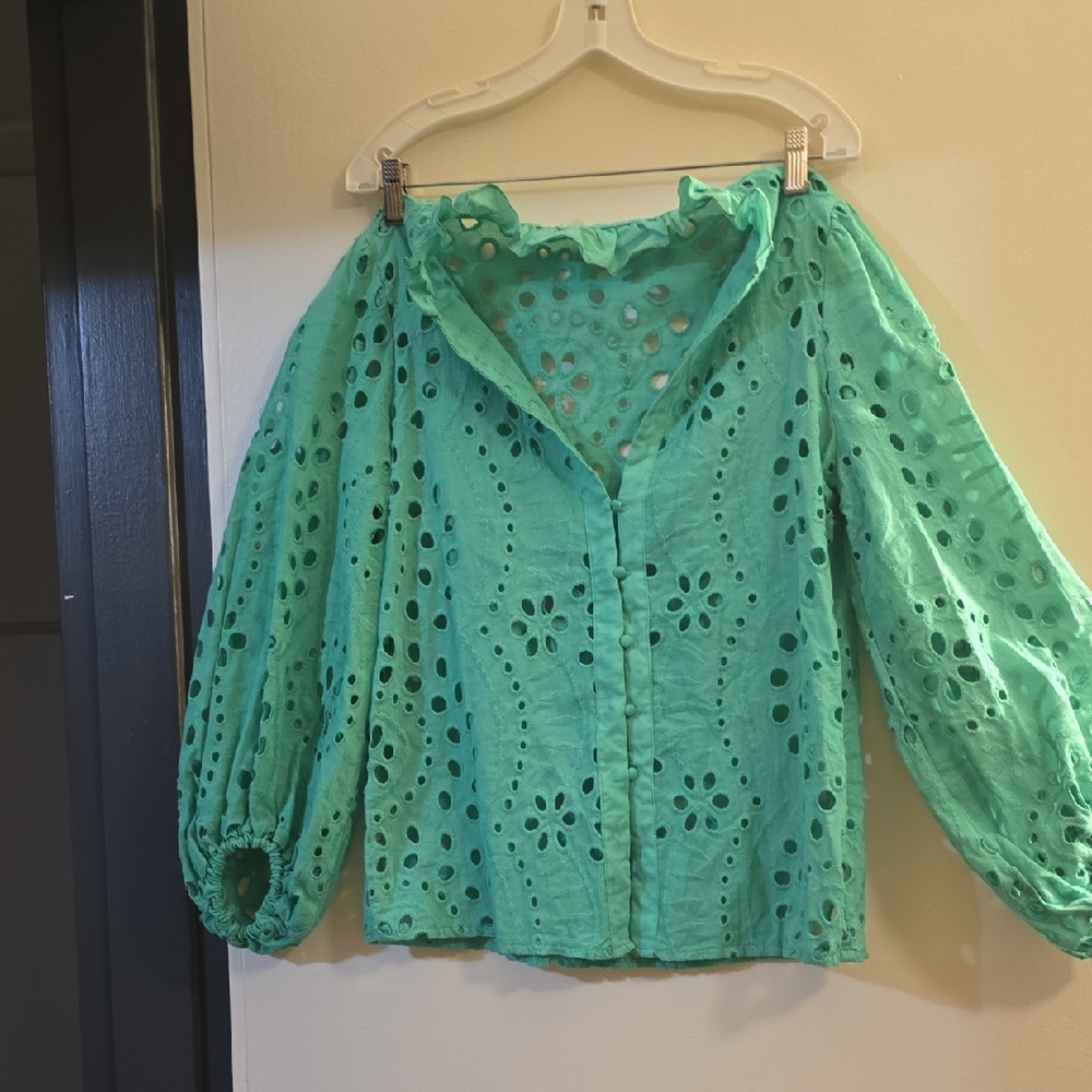 SHEIN Aqua Eyelet Blouse